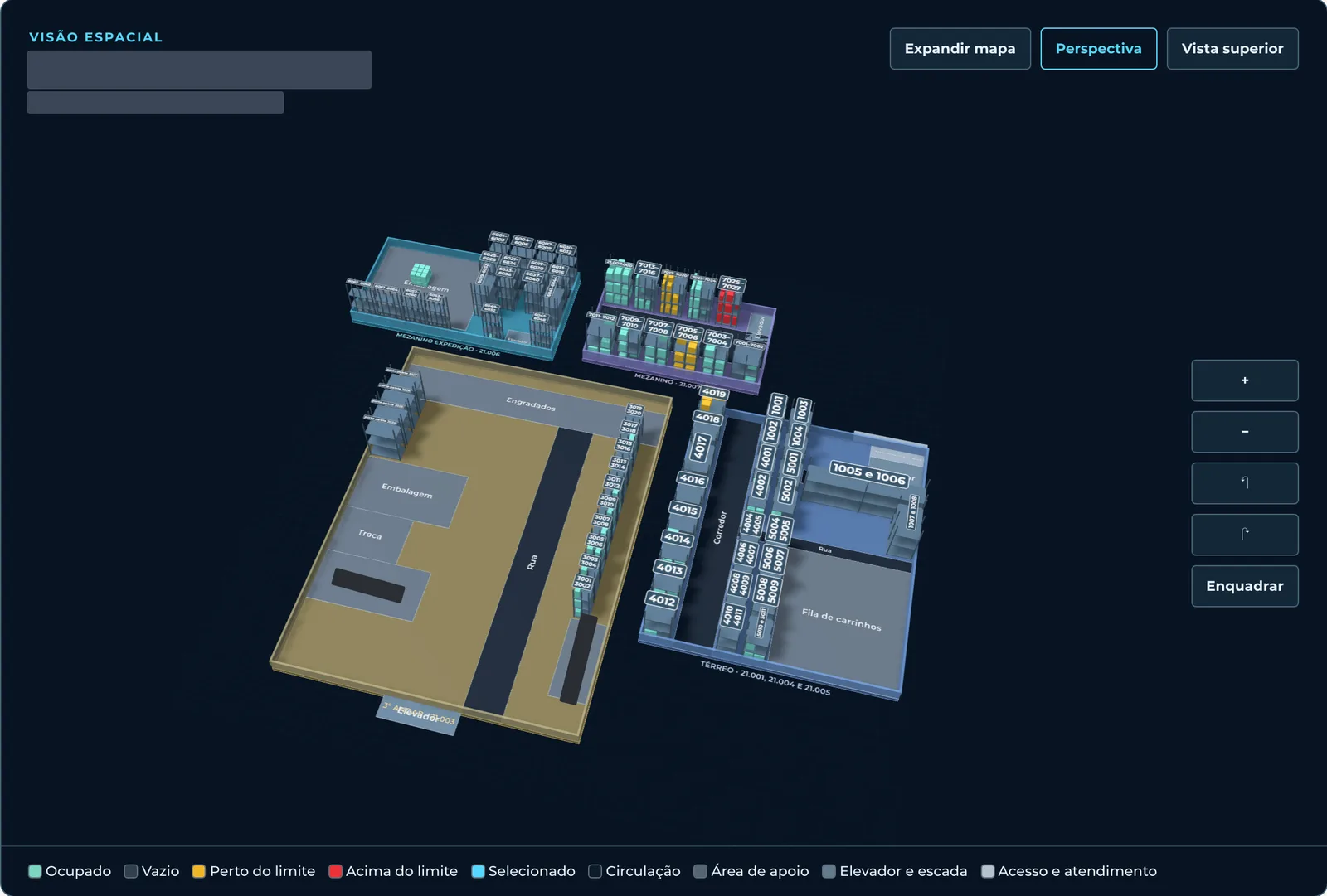 Three-dimensional view of the warehouse storage, with levels and locations colored by occupancy.