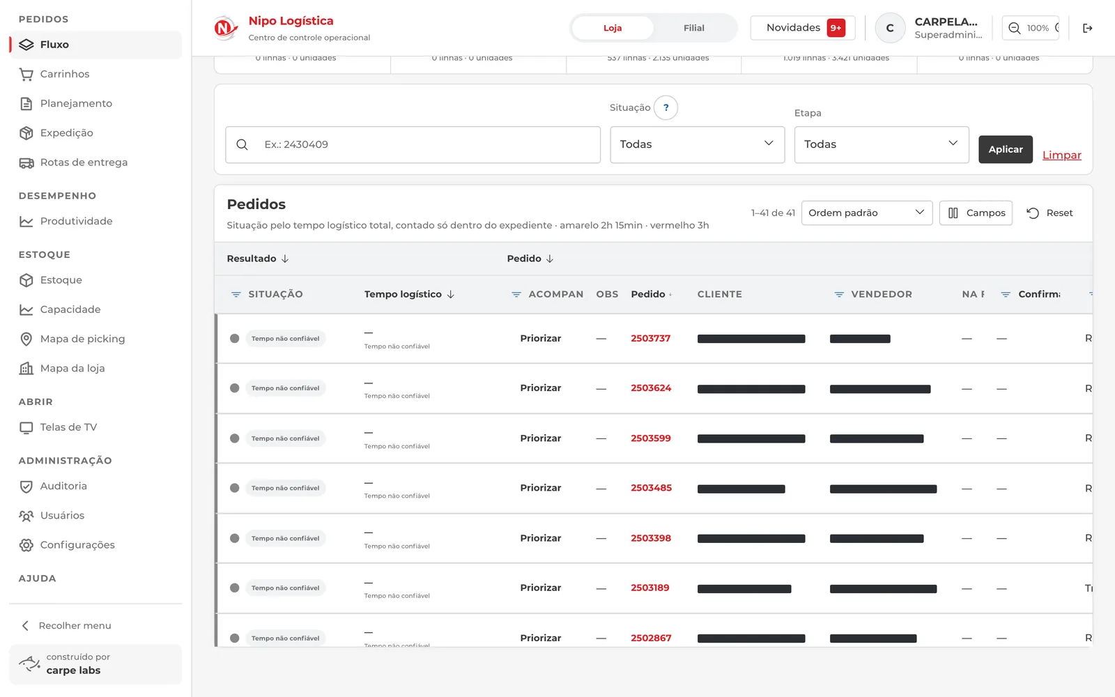 Order table from the logistics dashboard, with the status, stage and number of each order; customer and sales rep names redacted.